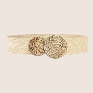 Cream and Tan Elastic Belt with Ornate Medallions